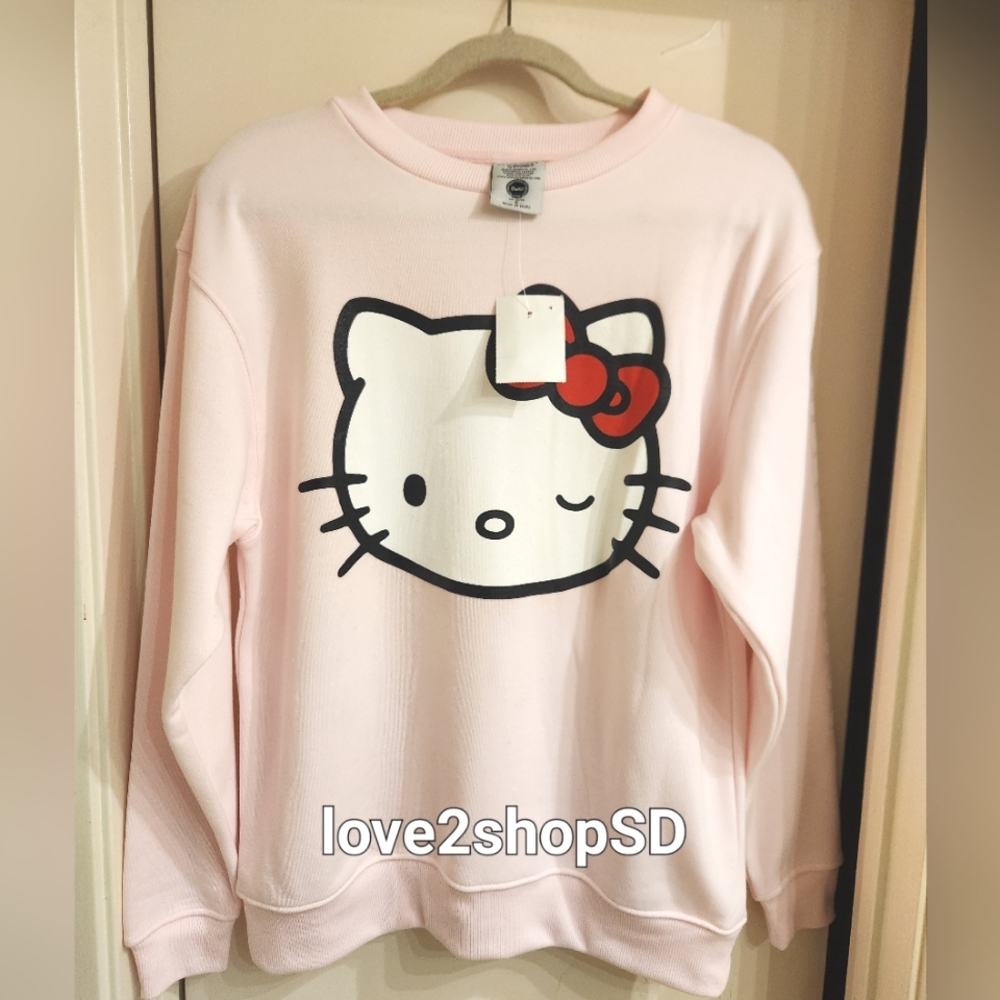 Hello Kitty Pink Sweatshirt Face Wink Crew Neck Jumper NWT Size Small S